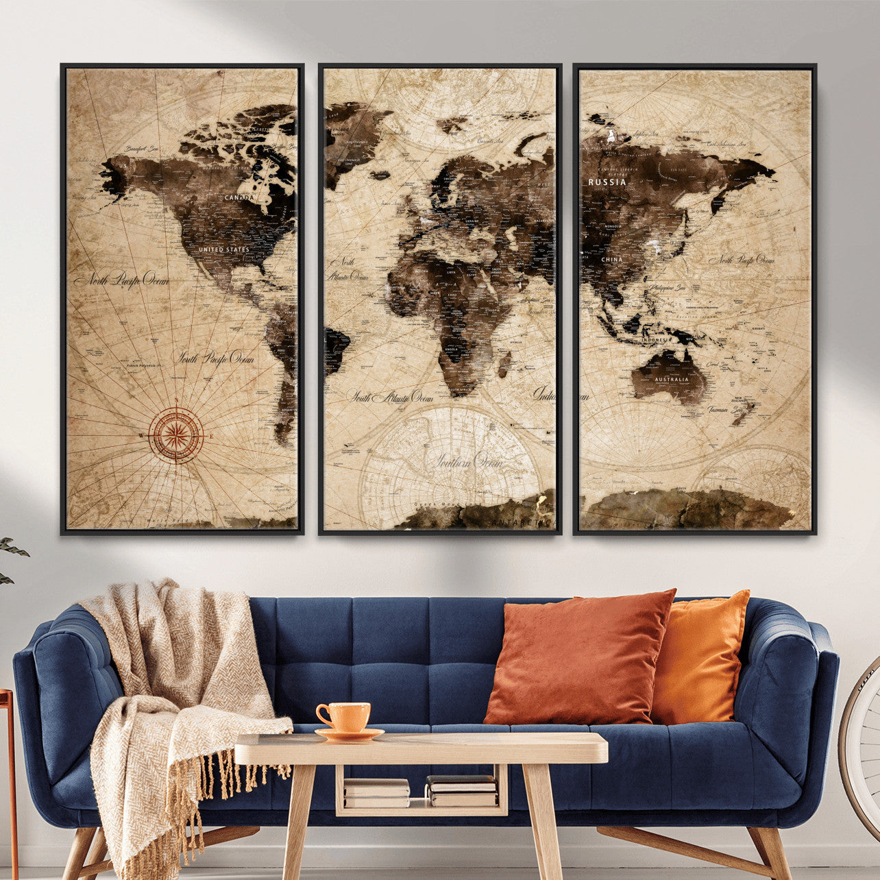 97114757-MGV-FC-48X32-3P - World Map Wall Art Canvas Print, Modern Decorative Framed Map Artwork Prints for Living Room, Office, Bedroom Wall Decor