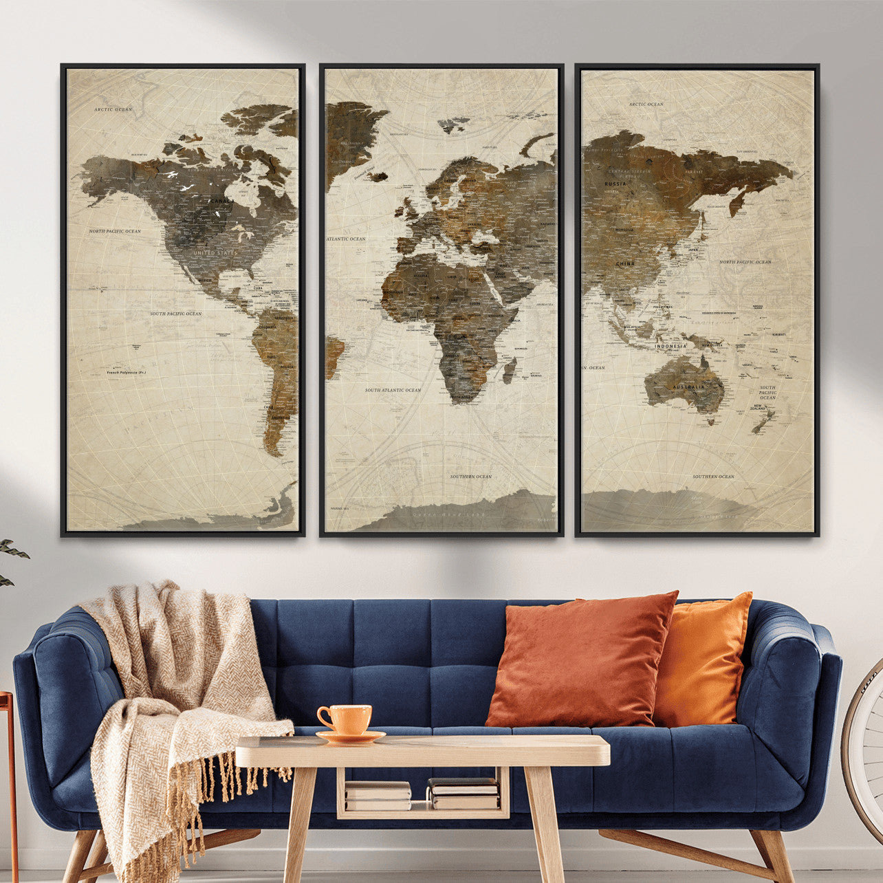 91849163-MGV-FC-48X32-3P - World Map Wall Art Canvas Print, Modern Decorative Framed Map Artwork Prints for Living Room, Office, Bedroom Wall Decor