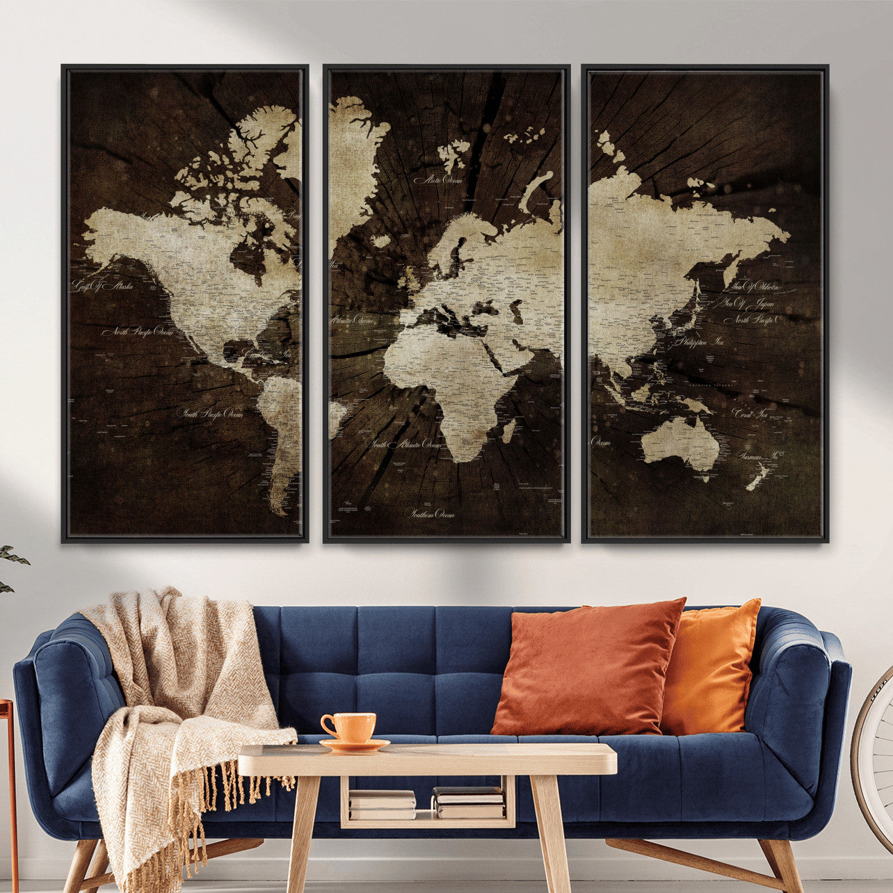 24010397-MGV-FC-48X32-3P - World Map Wall Art Canvas Print, Modern Decorative Framed Map Artwork Prints for Living Room, Office, Bedroom Wall Decor