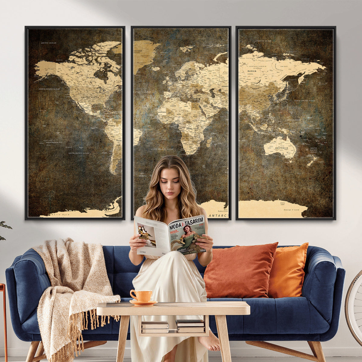 89742472-MGV-CV-36X24 - Large Framed Vintage World Map Wall Art Print for Home Wall