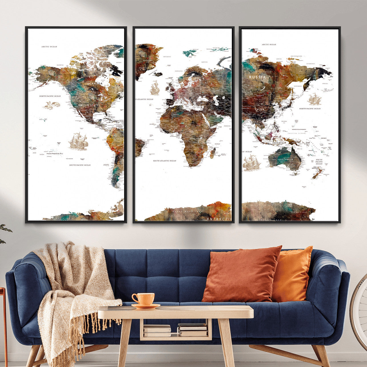 82293175-MGV-CV-36X24 - World Map Wall Art Canvas Print, Modern Decorative Framed Map Artwork Prints for Living Room, Office, Bedroom Wall Decor