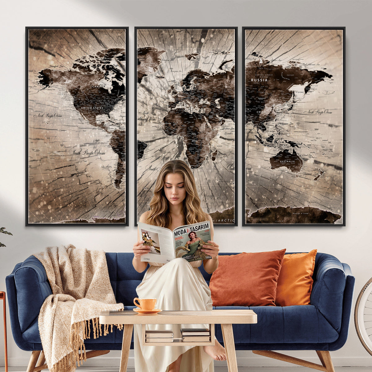 94623295-MGV-CV-36X24 - World Map Wall Art Canvas Print, Modern Decorative Framed Map Artwork Prints for Living Room, Office, Bedroom Wall Decor