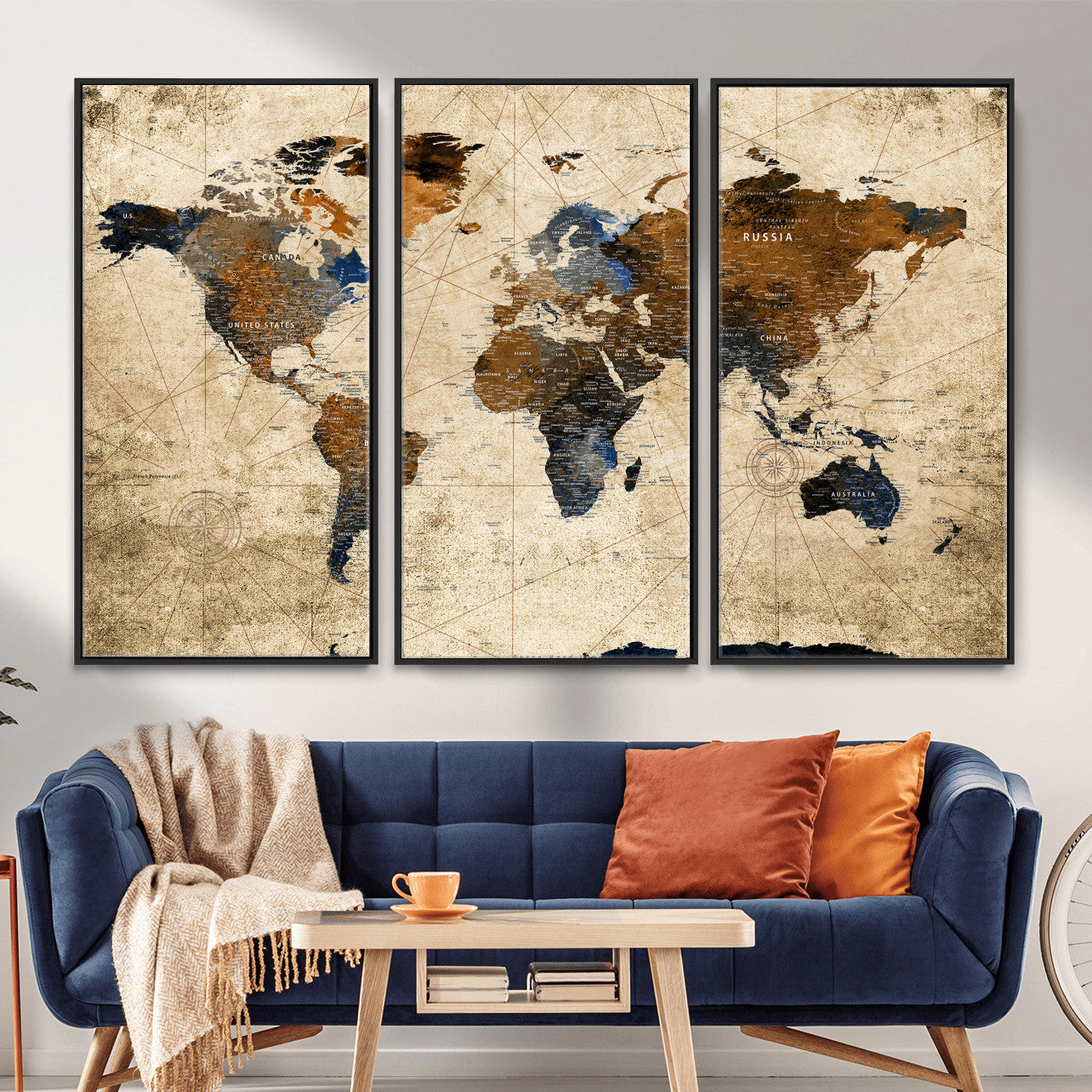 27163414-MGV-CV-36X24 - World Map Wall Art – Rustic Earth Tone Canvas Print, Antique Travel Map Design for Living Room, Office or Study, Classic Adventure Decor