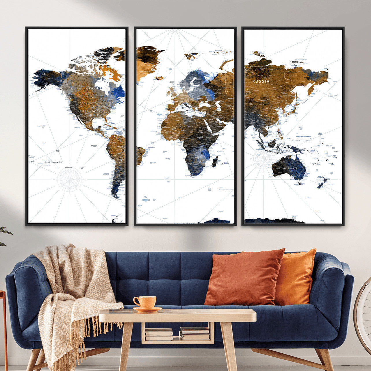 56364879-MGV-CV-36X24 - World Map Wall Art Canvas Print, Modern Decorative Framed Map Artwork Prints for Living Room Decor