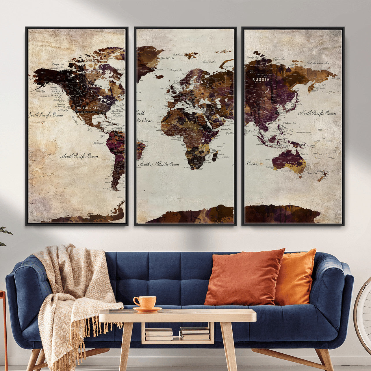 50611123-MGV-CV-36X24 - World Map Canvas Triptych – Colorful Global Wall Art for Living Rooms, Offices, and Study Spaces