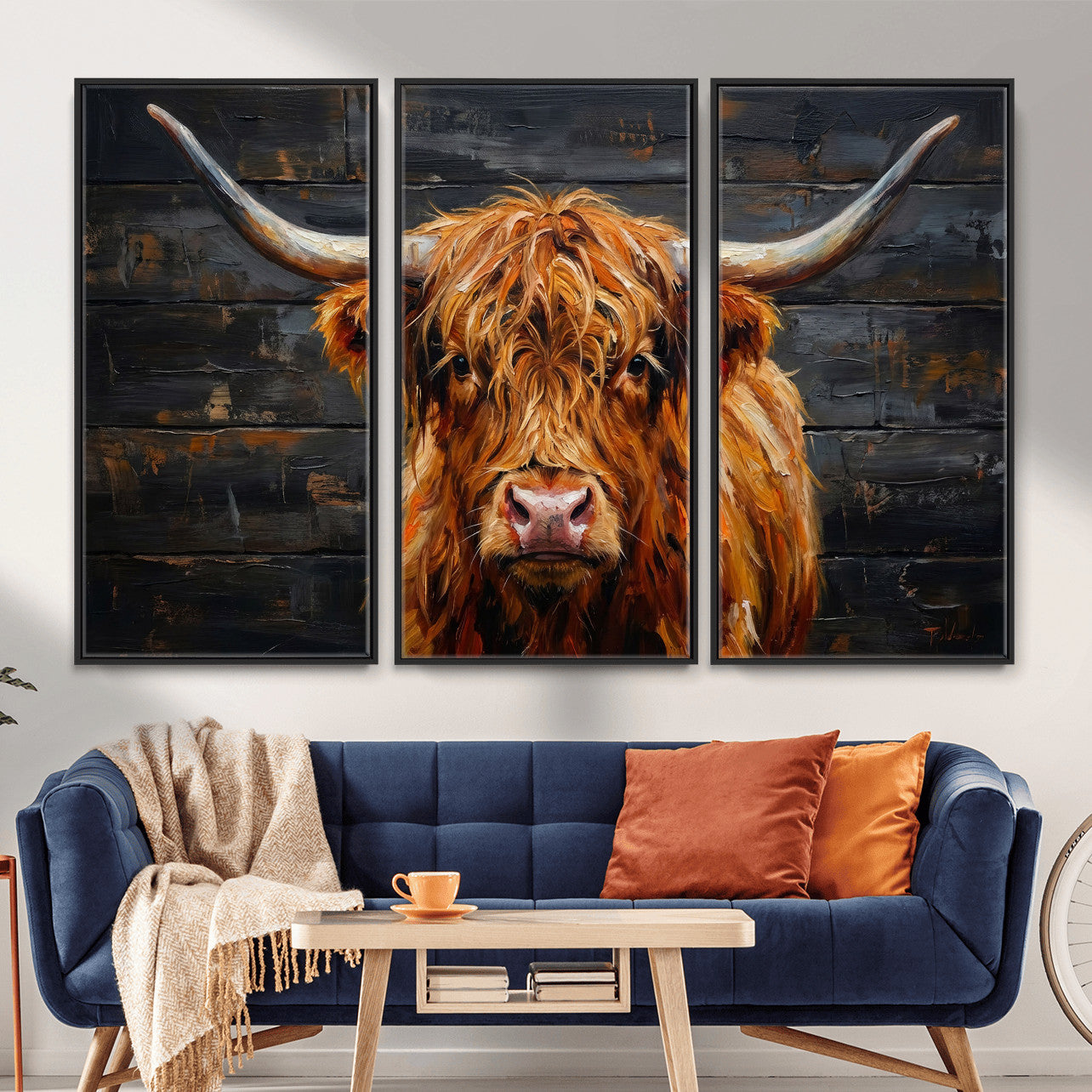 32536611-MGV-CV-36X24 - Highland Cow Wall Art Canvas Print, Rustic Farm Animal Painting, Framed Wall Art Ready to Hang