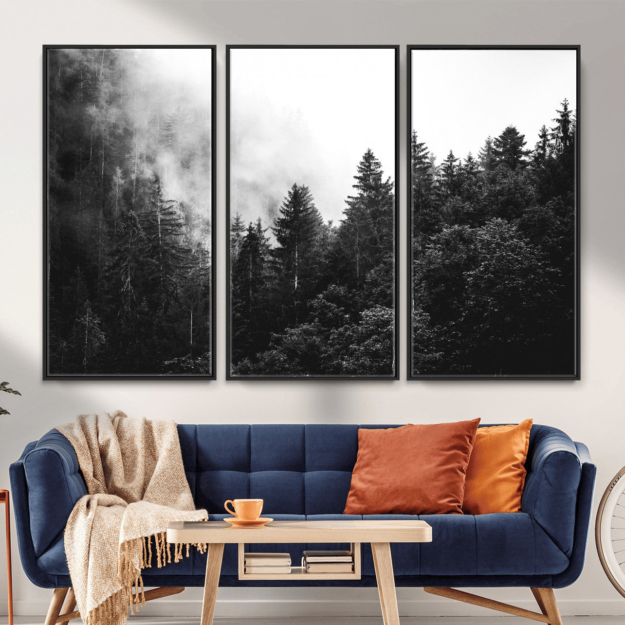98764151-MGV-CV-36X24 - Black and White Forest Wall Art Canvas Print, Misty Pine Tree Landscape Photography, Framed Wall Art Ready to Hang
