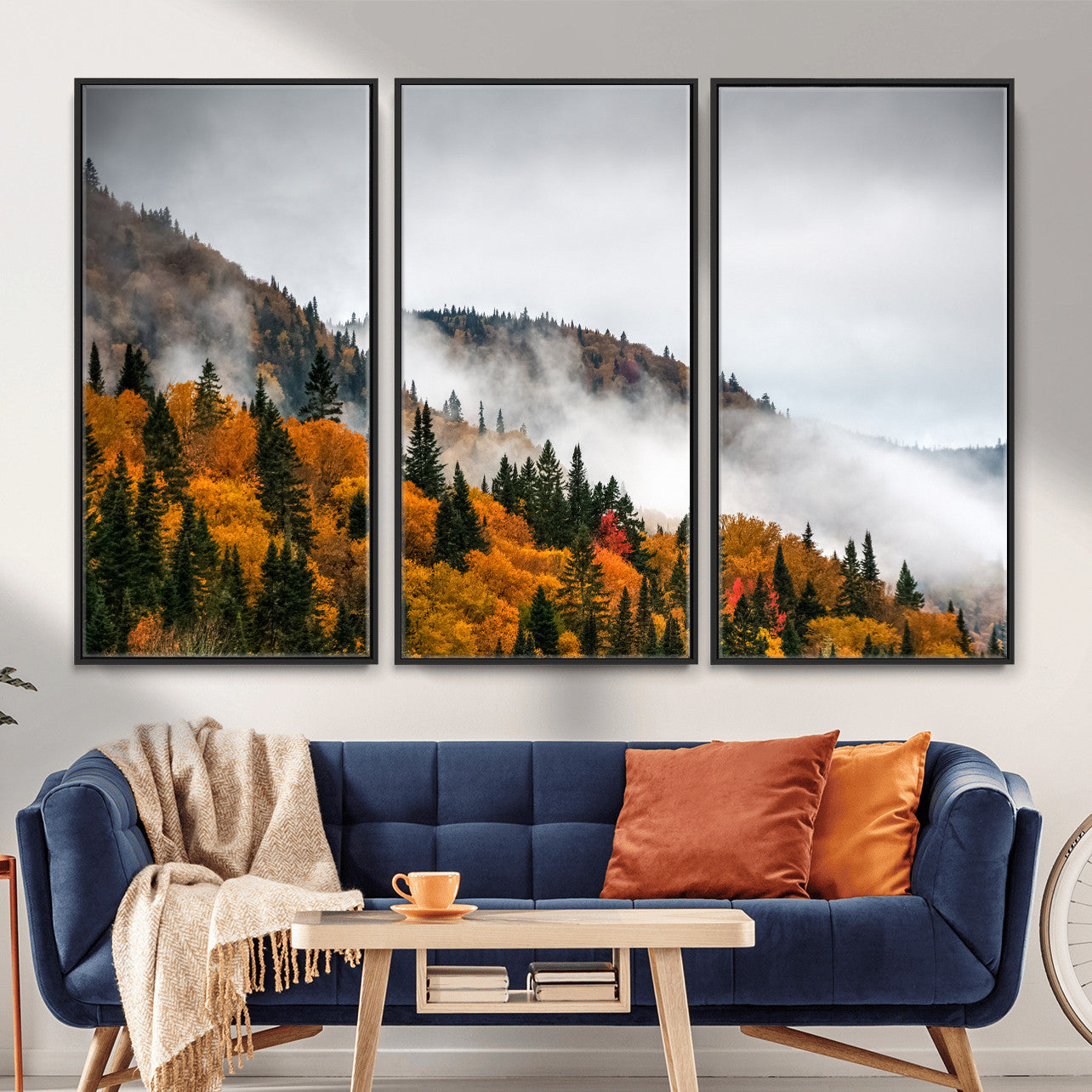 93581632-MGV-CV-36X24 - Autumn Forest Wall Art Canvas Print, Foggy Mountain Landscape Nature Photography, Framed Wall Art Ready to Hang