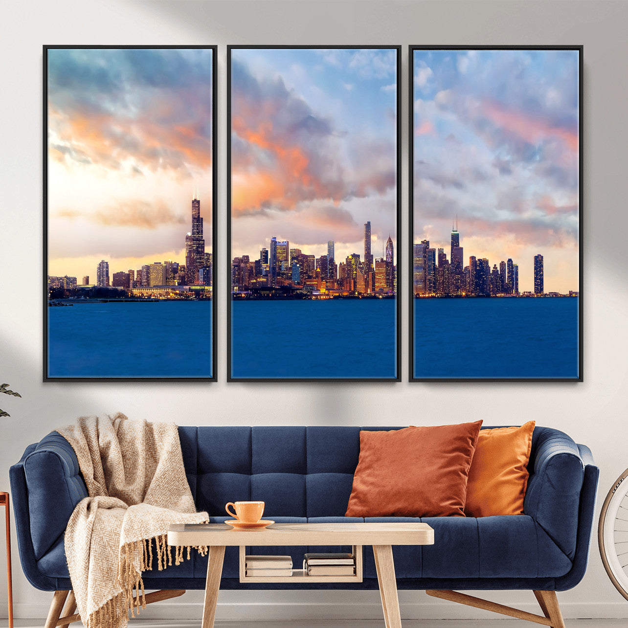 34667960-MGV-CV-36X24 - Chicago Wall Art Canvas Print, Chicago City Downtown Night Cityscape Print for Modern Urban Wall Decor