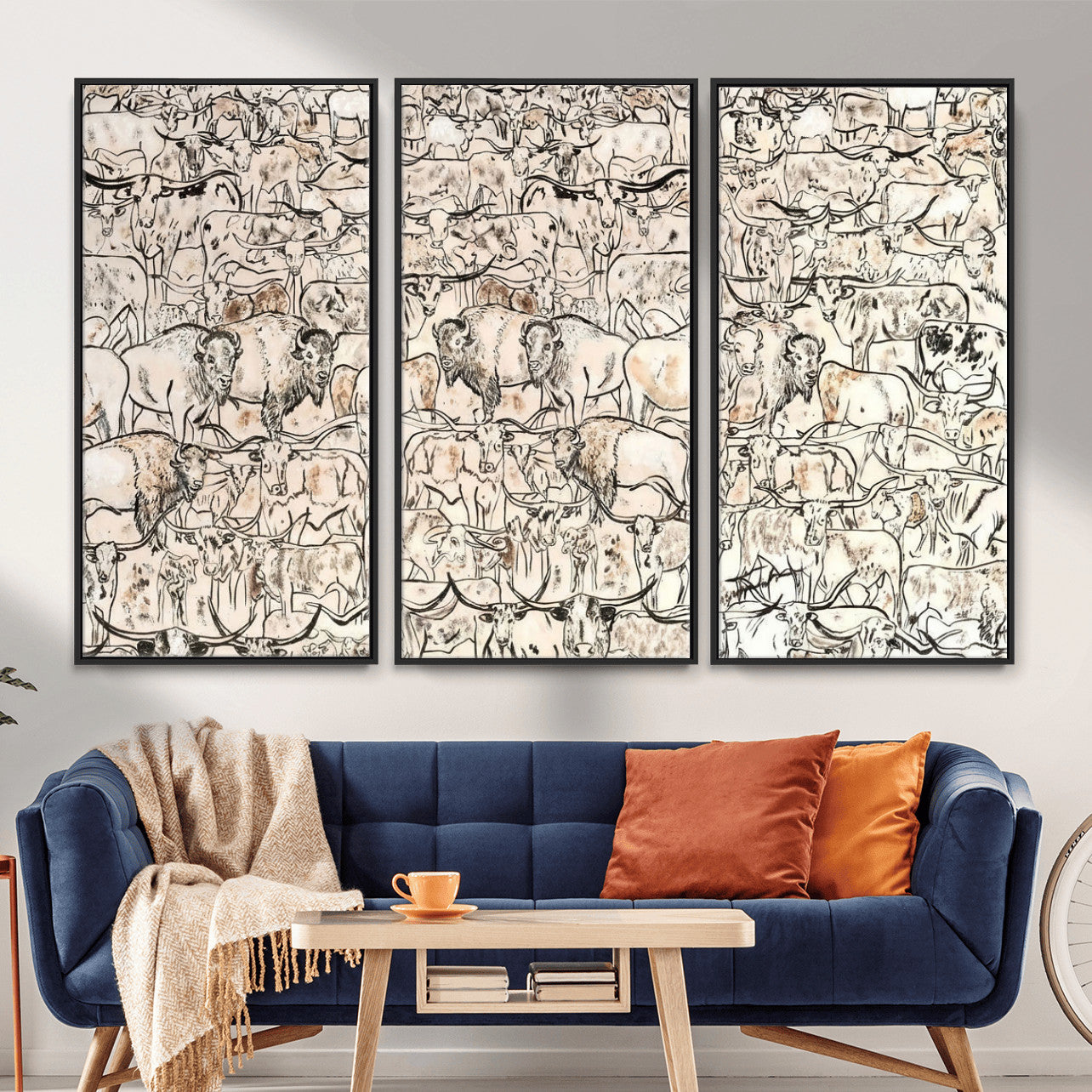 36925875-MGV-CV-36X24 - Farmhouse Animals Wall Art Canvas Print - Abstract Farm Animal Drawing Mid-Century Wall Art for Cabin Decor
