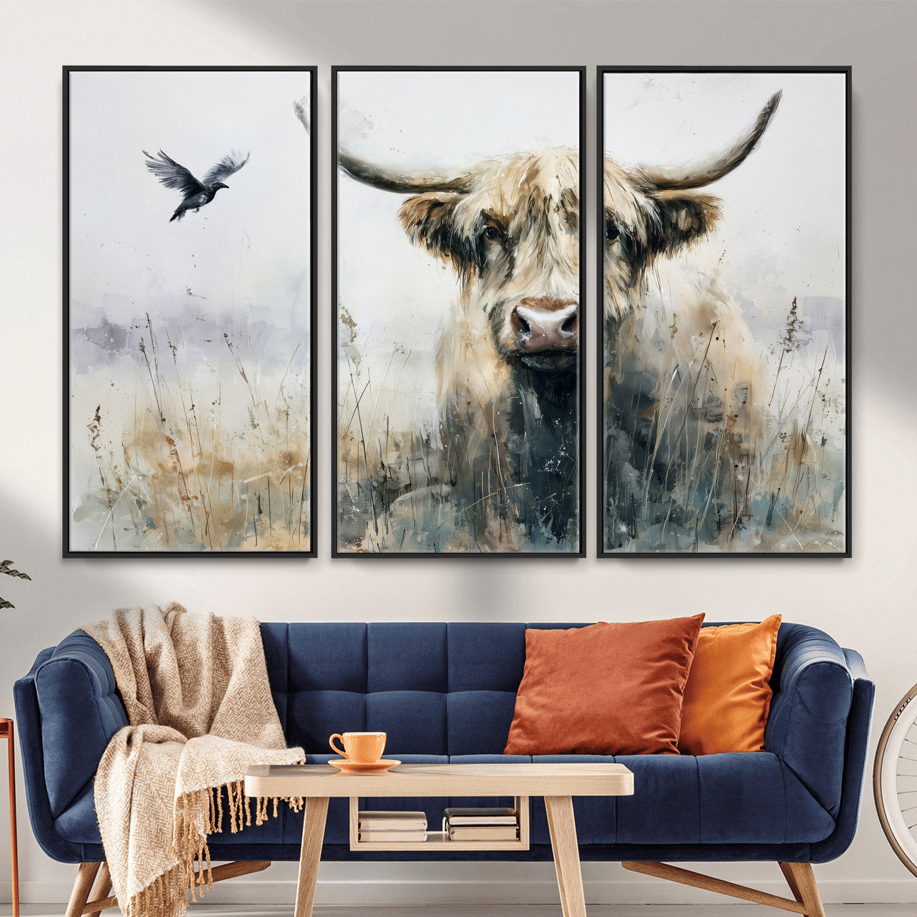 55652651-MGV-CV-36X24 - Abstract Highland Cow Watercolor Animal Wall Art Canvas Print, Rustic Farm Cattle Portrait Canvas Print, Neutral Wildlife Farmhouse Art Printing