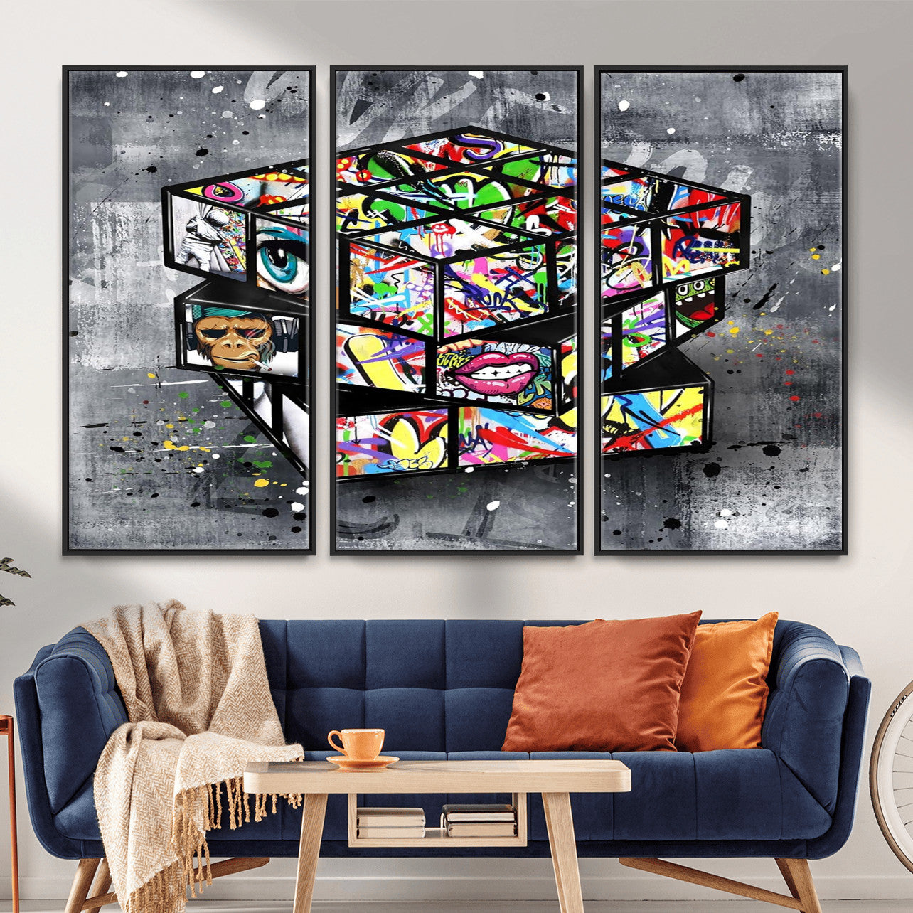 46789556-MGV-CV-36X24 - Graffiti Cube Abstract Street Art Wall Art Canvas Print, Colorful Urban Pop Art Geometric Canvas Print, Modern Street Art Contemporary Art Printing