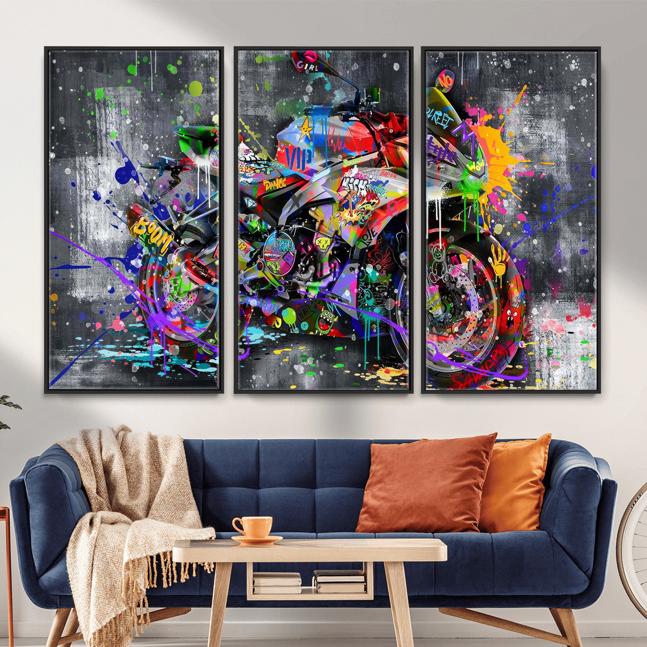 83021767-MGV-CV-36X24 - Graffiti Motorcycle Wall Art Canvas Print, Urban Street Art Motorbike Decor, Colorful Graffiti Sports Bike Artwork