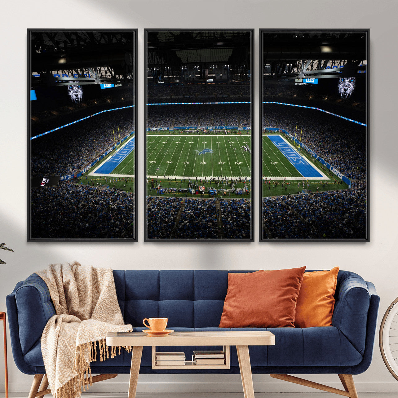 16709602-MGV-CV-36X24 - Detroit Lions Stadium Wall Art Canvas Print, Football Field Panorama Artwork, NFL Game Night Stadium Decor