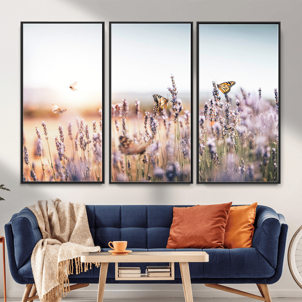 46417478-MGV-CV-36X24 - Lavender Field Wall Art Canvas Print, Butterfly Floral Landscape Art, Soft Nature Wall Decor for Bedroom
