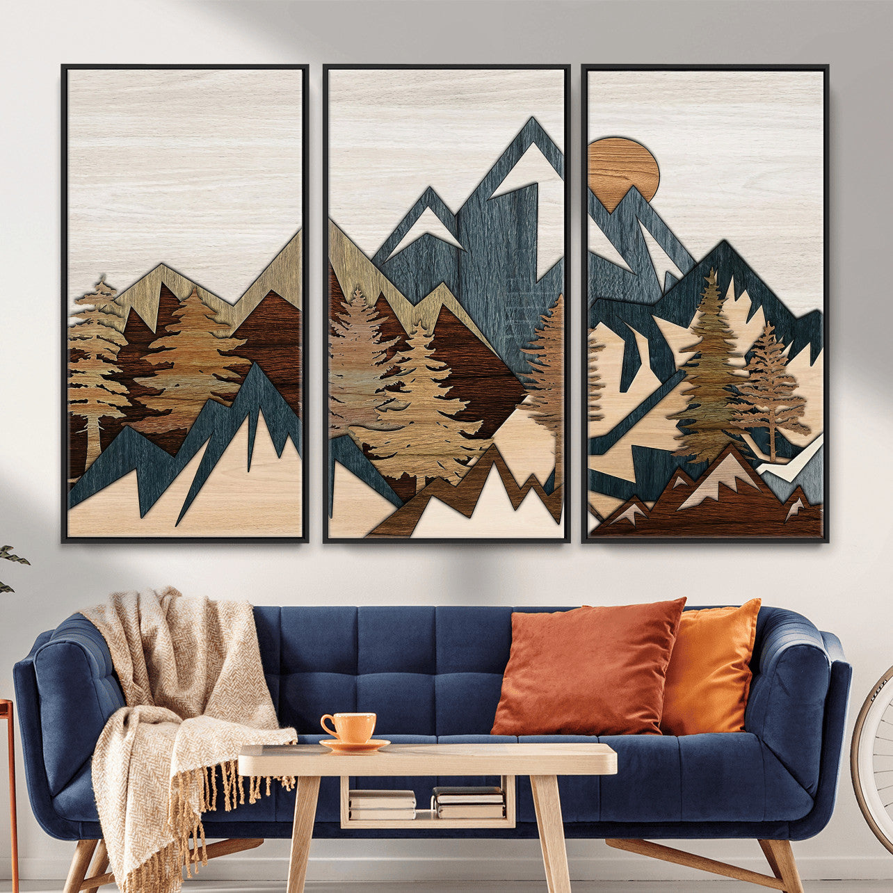 61833055-MGV-CV-36X24 - Mountain Forest Wall Art Canvas Print, Layered Wood Landscape Artwork, Rustic Nature Wall Decor for Living Room