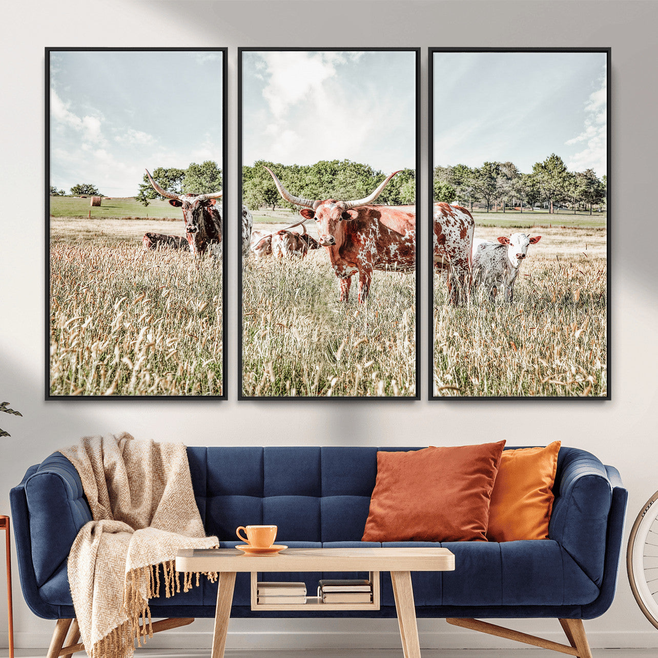 33963645-MGV-CV-36X24 - Texas Longhorn Cattle Wall Art Canvas Print, Western Ranch Landscape Nature Wall Decor for Living Room and Office