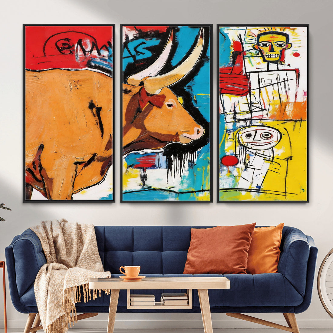 Basquiat Style Bull Graffiti Wall Art Canvas Print, Street Art