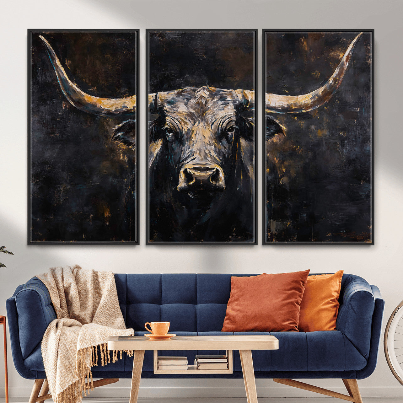 17622011-MGV-CV-36X24 - Abstract Longhorn Bull Wall Art Canvas Print – Dark Rustic Western Cattle Artwork for Farmhouse, Ranch, Cabin, and Office Decor