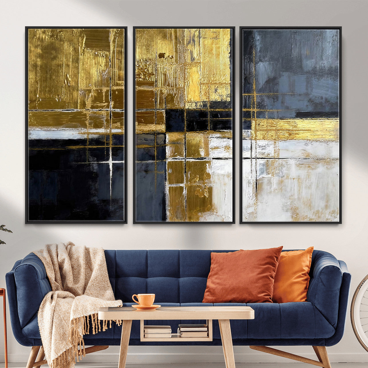 76917030-MGV-CV-36X24 - Gold Navy Abstract Wall Art Canvas Print, Modern Luxury Geometric Painting Wall Decor for Living Room and Office