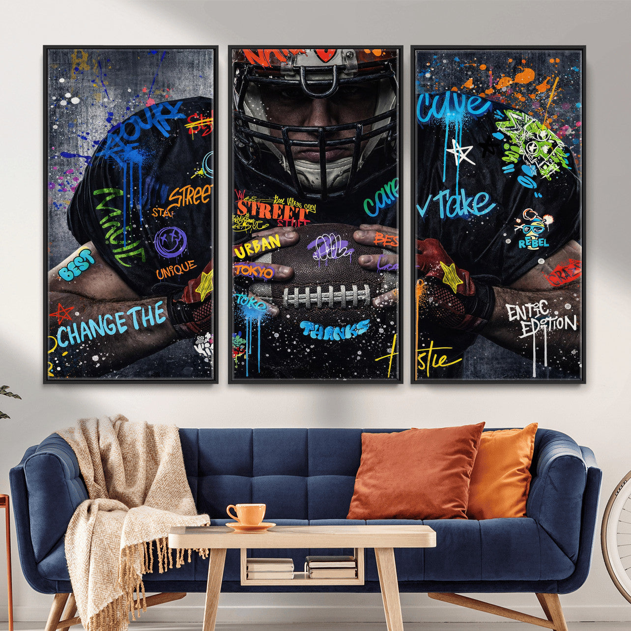 55267256-MGV-CV-36X24 - Graffiti American Football Player Street Art Wall Art Canvas Print, Urban Sports Pop Art Football Canvas Print, Modern Athletic Graffiti Contemporary Art Printing