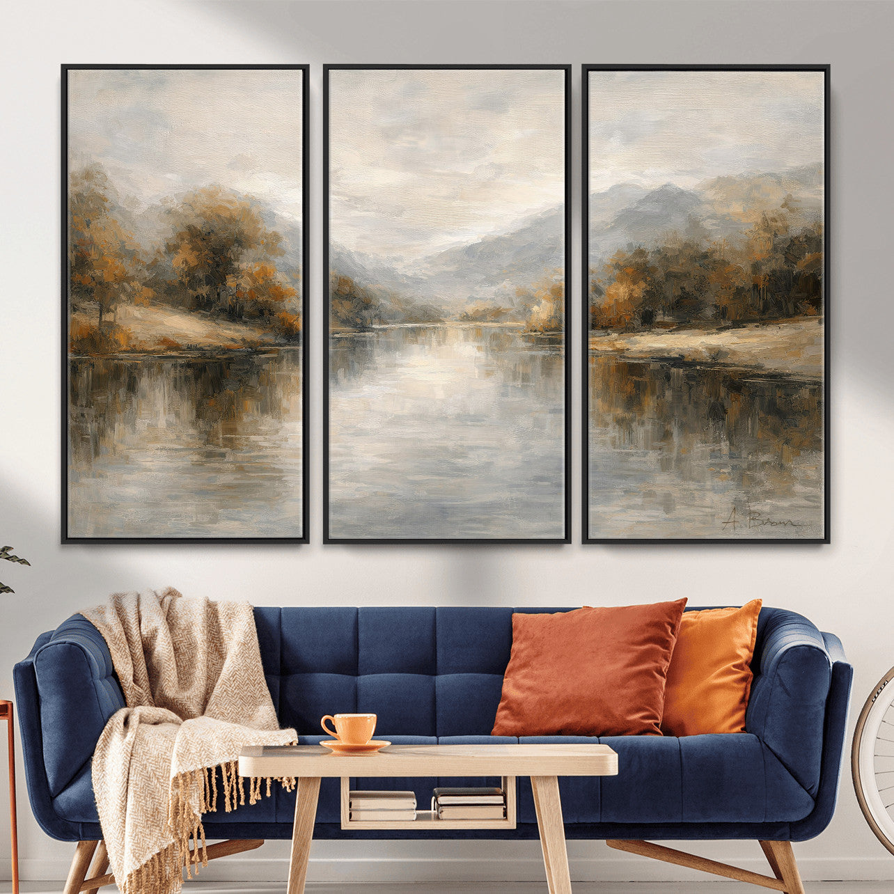 29251761-MGV-CV-36X24 - Neutral Abstract River Landscape Wall Art Canvas Print, Modern Minimal Nature Reflection Canvas Print, Beige Gray Contemporary Mountain Art Printing