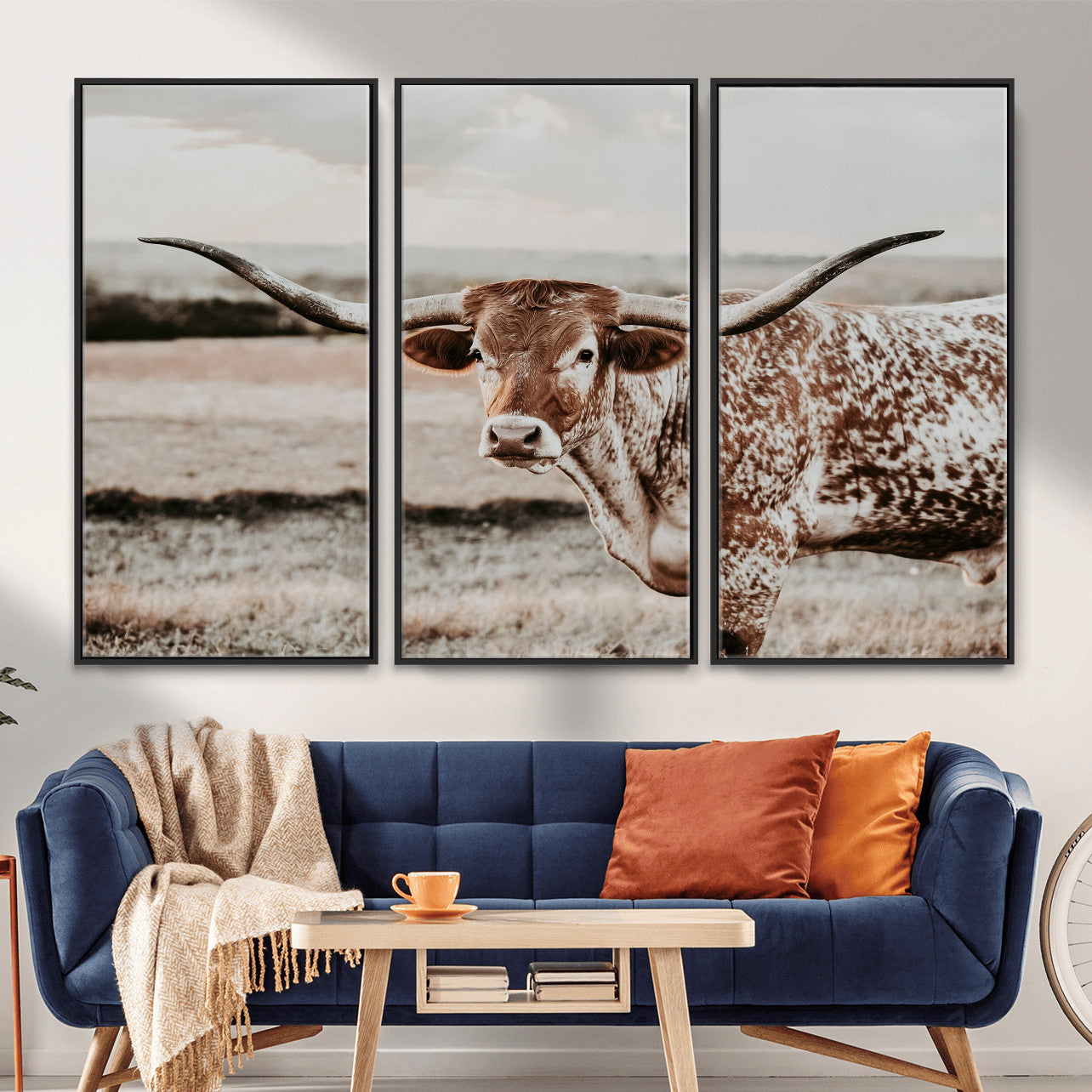73897046-MGV-CV-36X24 - Texas Longhorn Bull Rustic Wall Art Canvas Print, Western Cattle Photography Canvas Print, Ranch Farm Animal Western Art Printing