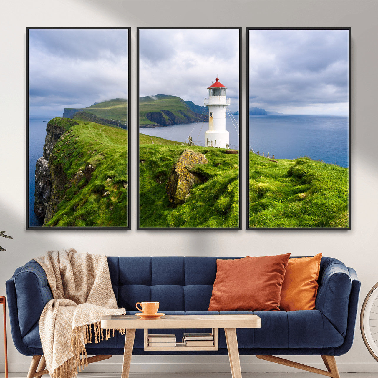 10680390-MGV-CV-36X24 - Coastal Lighthouse Wall Art Canvas Print, Cliffside Ocean Landscape Canvas Print, Scandinavian Coastal Decor for Living Room