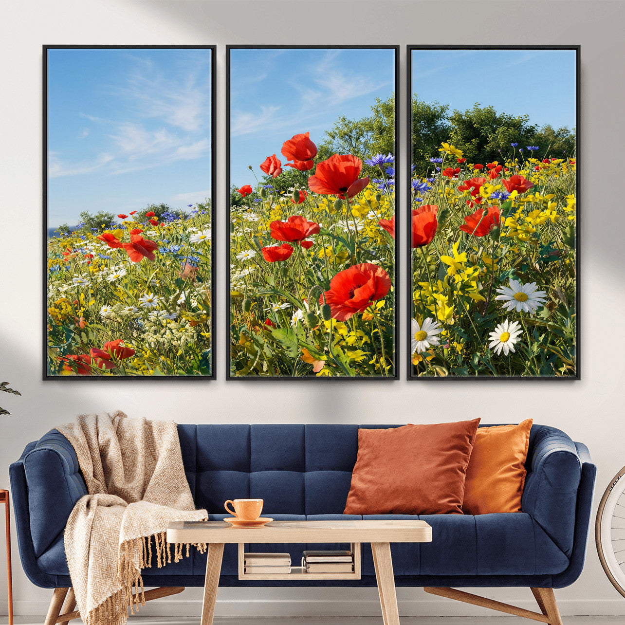 38570784-MGV-CV-36X24 - Wildflower Meadow Wall Art Canvas Print – Colorful Poppy and Daisy Field Landscape Artwork for Living Room Decor