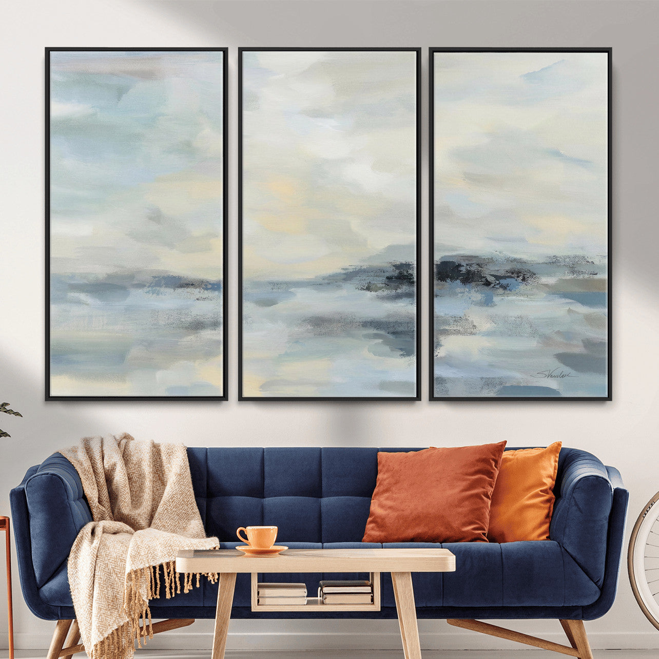 24647355-MGV-CV-36X24 - Abstract Coastal Landscape Wall Art Canvas Print – Soft Blue Gray Minimalist Painting