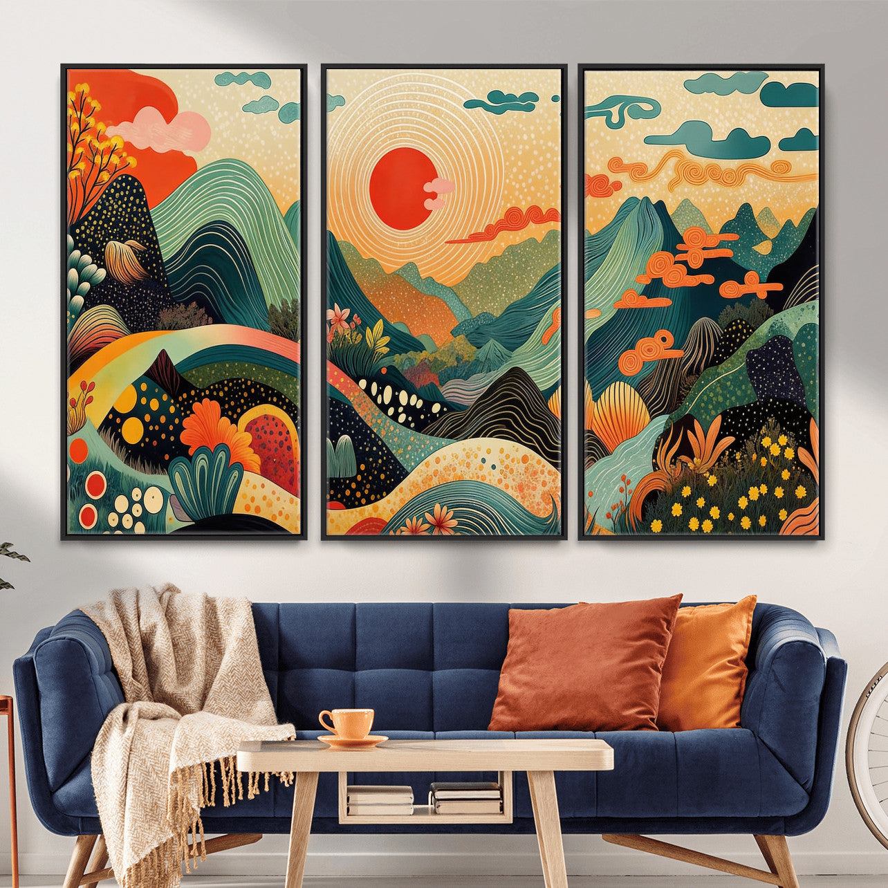 29927191-MGV-CV-36X24 - Yayoi Kusama Boho Mountain Landscape Large Wall Art, Horizontal Gold Framed Canvas Print with Sun and Flowers