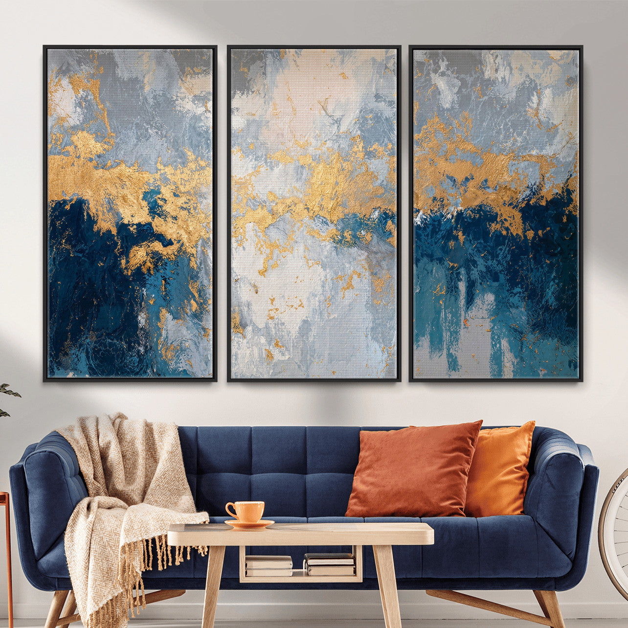 65386119-MGV-CV-36X24 - Blue Gold Abstract Large Framed Canvas Wall Art, Modern Luxury Painting Print in Horizontal Oversized Minimal Wall Decor Artwork