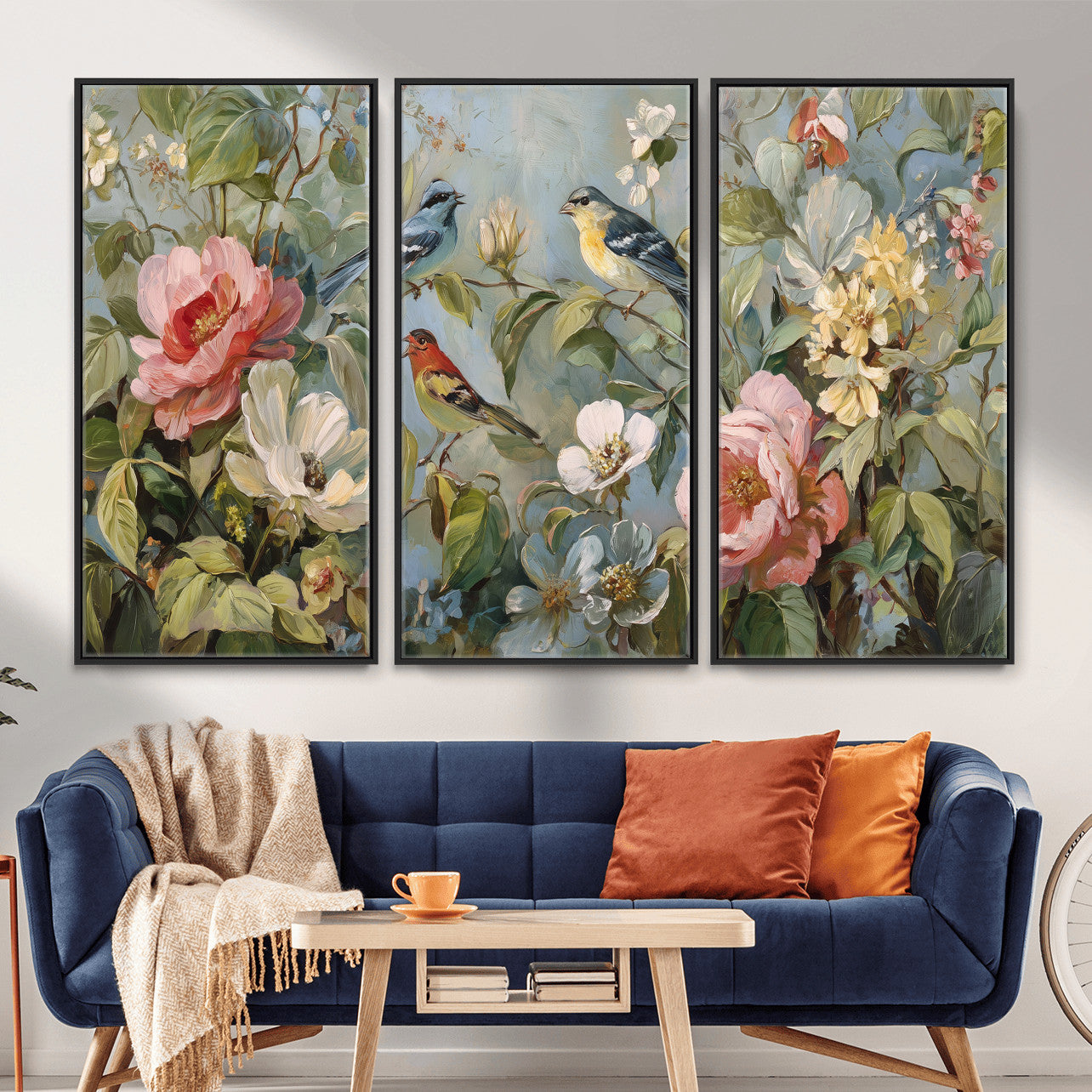 55440837-MGV-CV-36X24 - Vintage Birds and Flowers Wall Art Canvas Print, Botanical Bird Painting Canvas Print, Floral Garden Bird Artwork Canvas Print, Classic Bird Flower Painting Canvas Print
