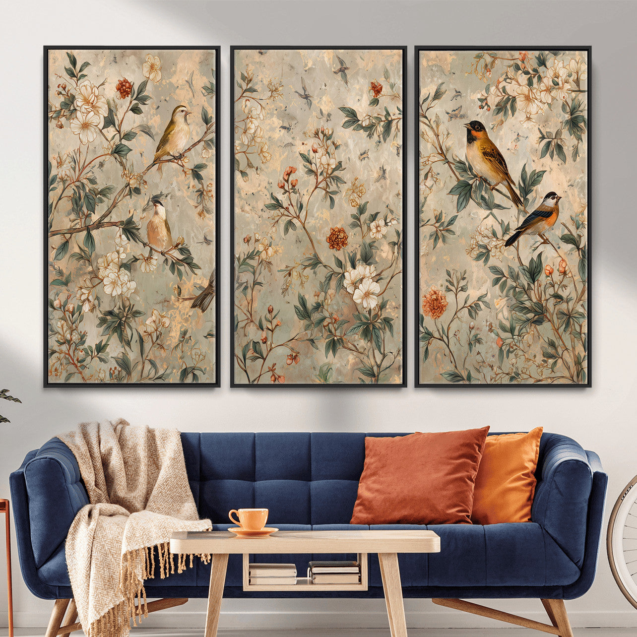 76588438-MGV-CV-36X24 - Vintage Birds and Flowers Wall Art Canvas Print, Botanical Bird Painting Canvas Print, Floral Garden Bird Artwork Canvas Print, Classic Bird Flower Painting Canvas Print