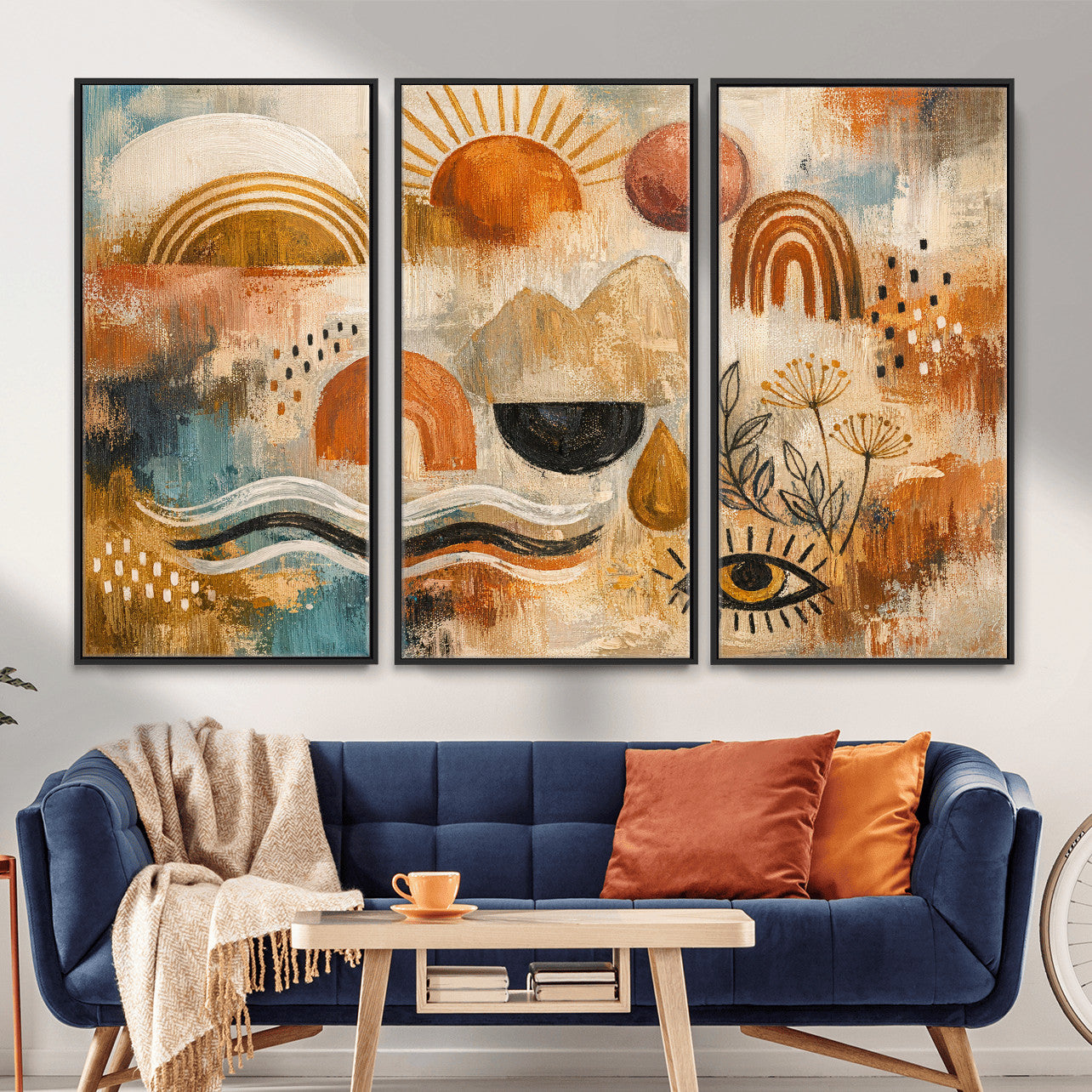 52155239-MGV-CV-36X24 - Geometric Boho Abstract Wall Art Canvas Print, Orange Blue Abstract Expressionist Painting Print, Modern Geometric Abstract Canvas Art