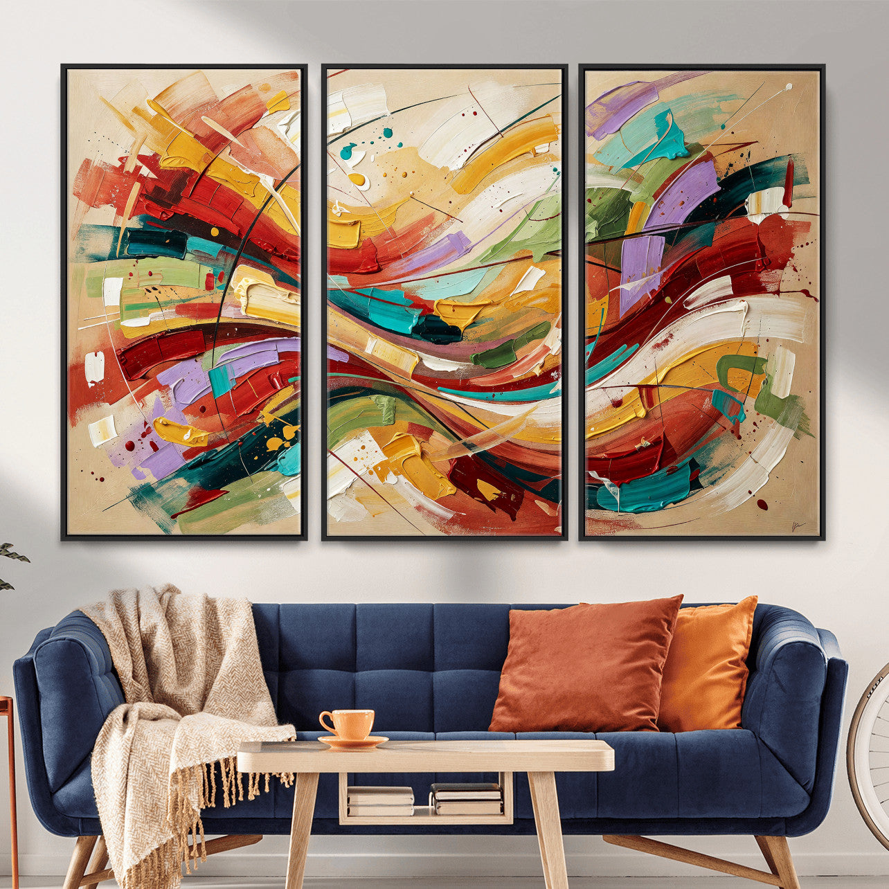 39887645-MGV-CV-36X24 - Geometric Abstract Wall Art Canvas Print, Orange Blue Abstract Expressionist Painting Print, Modern Geometric Abstract Canvas Art