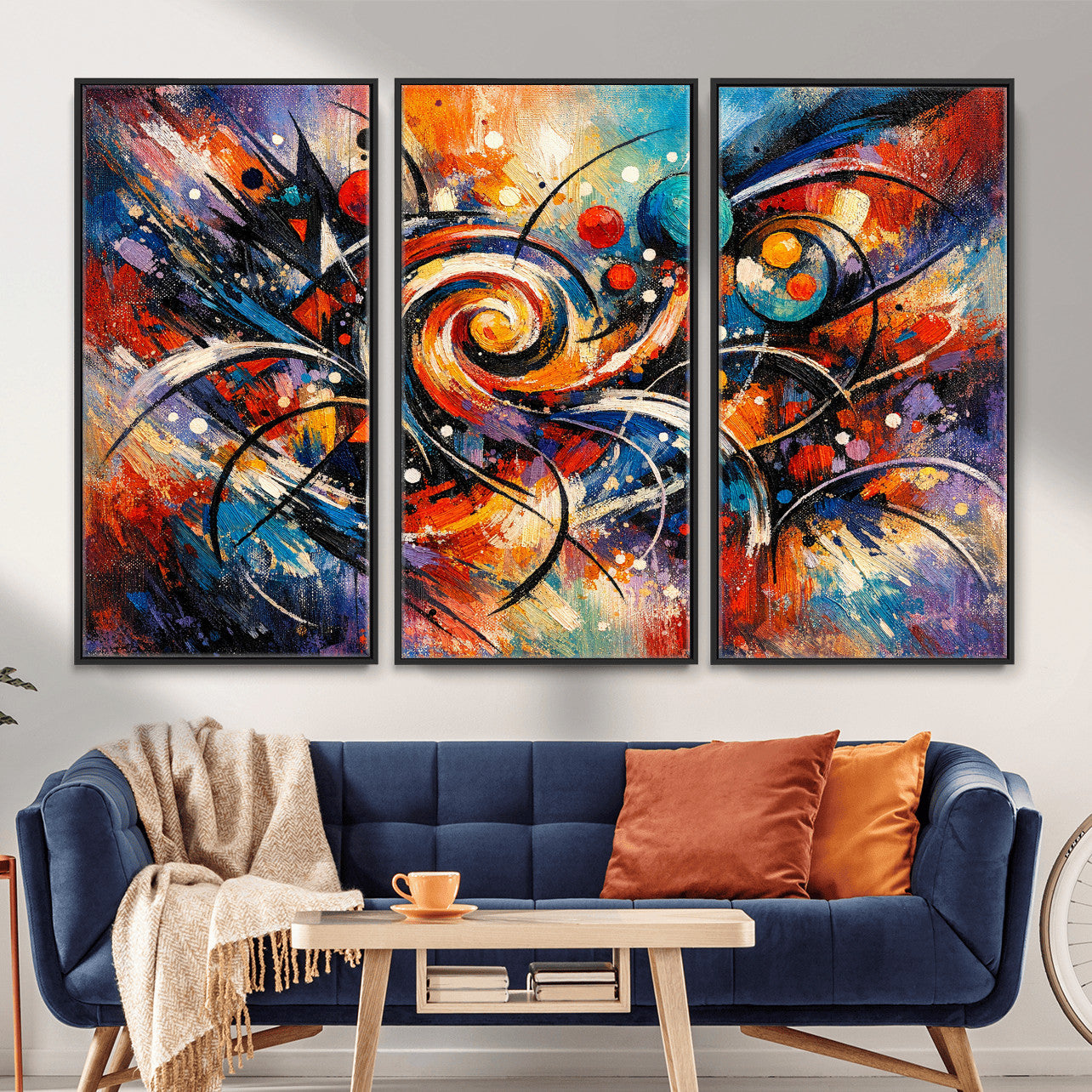 60193267-MGV-CV-36X24 - Geometric Abstract Wall Art Canvas Print, Orange Blue Abstract Expressionist Painting Print, Modern Geometric Abstract Canvas Art
