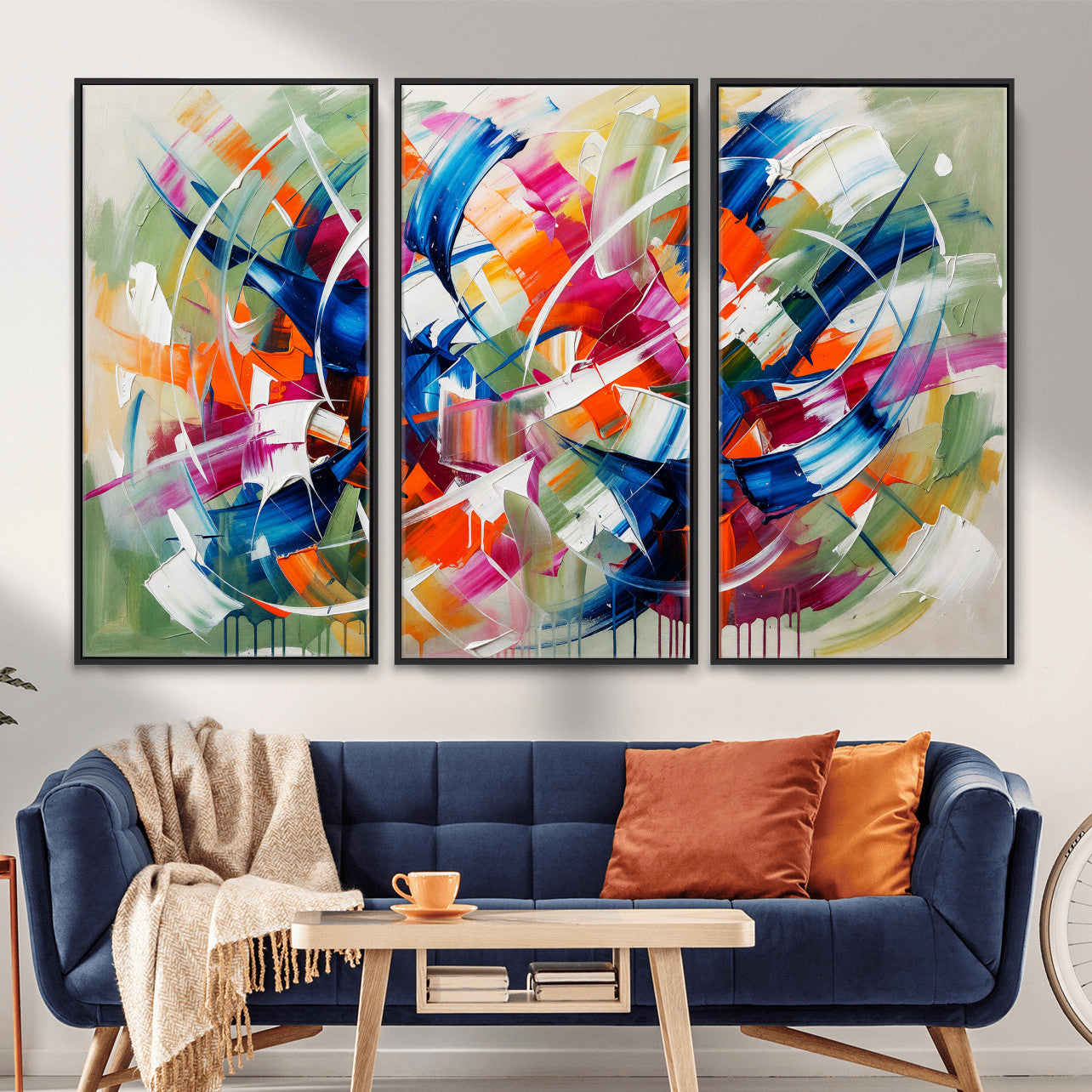 15032888-MGV-CV-36X24 - Geometric Abstract Wall Art Canvas Print, Orange Blue Abstract Expressionist Painting Print, Modern Geometric Abstract Canvas Art
