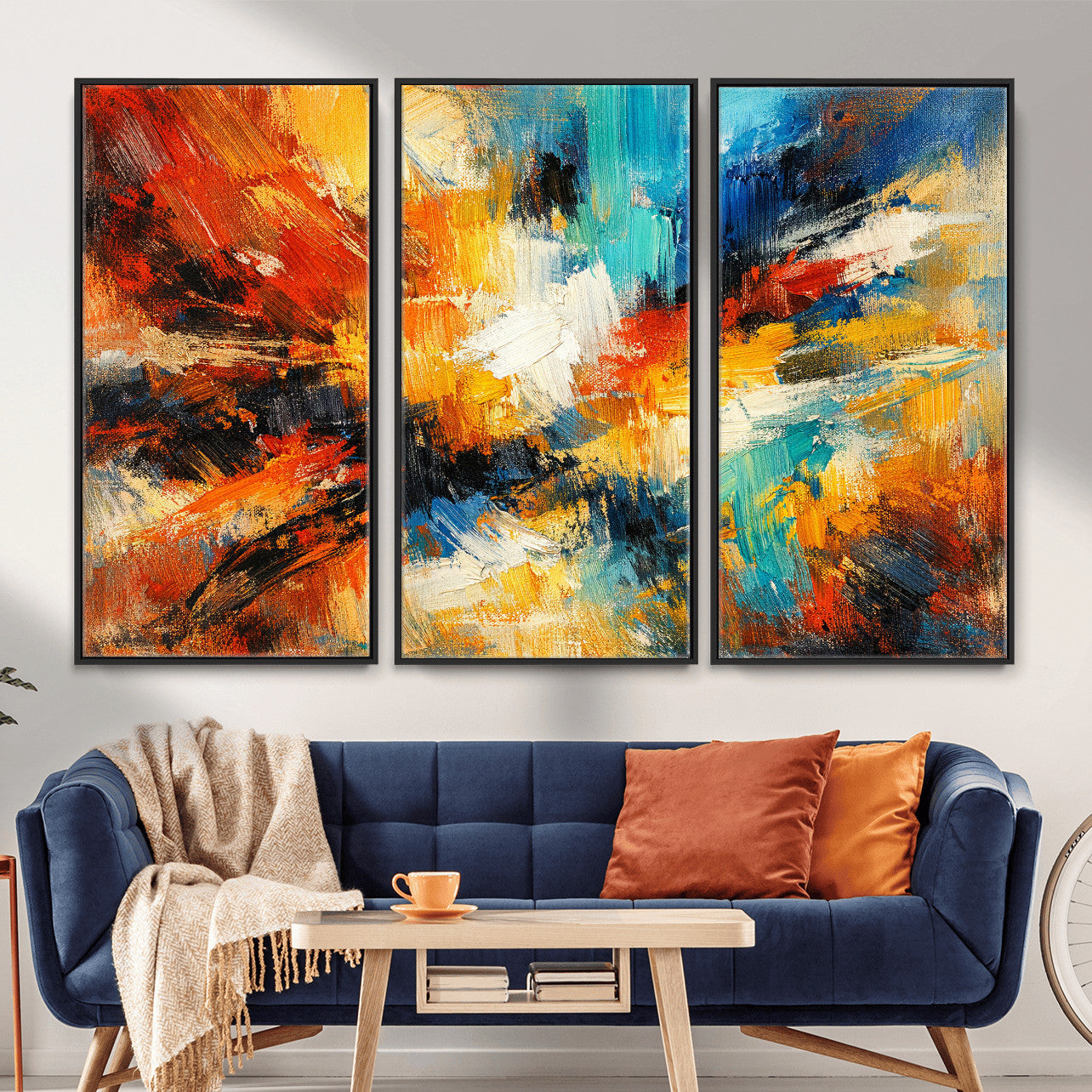 93167583-MGV-CV-36X24 - Geometric Abstract Wall Art Canvas Print, Orange Blue Abstract Expressionist Painting Print, Modern Geometric Abstract Canvas Art