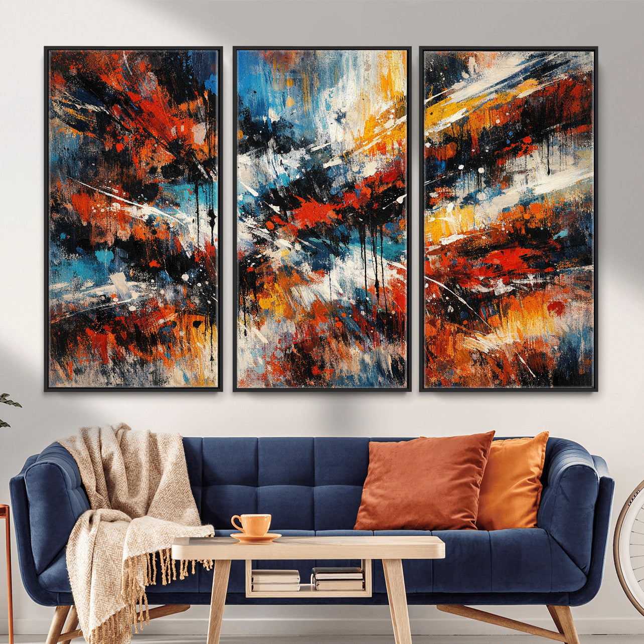 80276069-MGV-CV-36X24 - Geometric Abstract Wall Art Canvas Print, Orange Blue Abstract Expressionist Painting Print, Modern Geometric Abstract Canvas Art