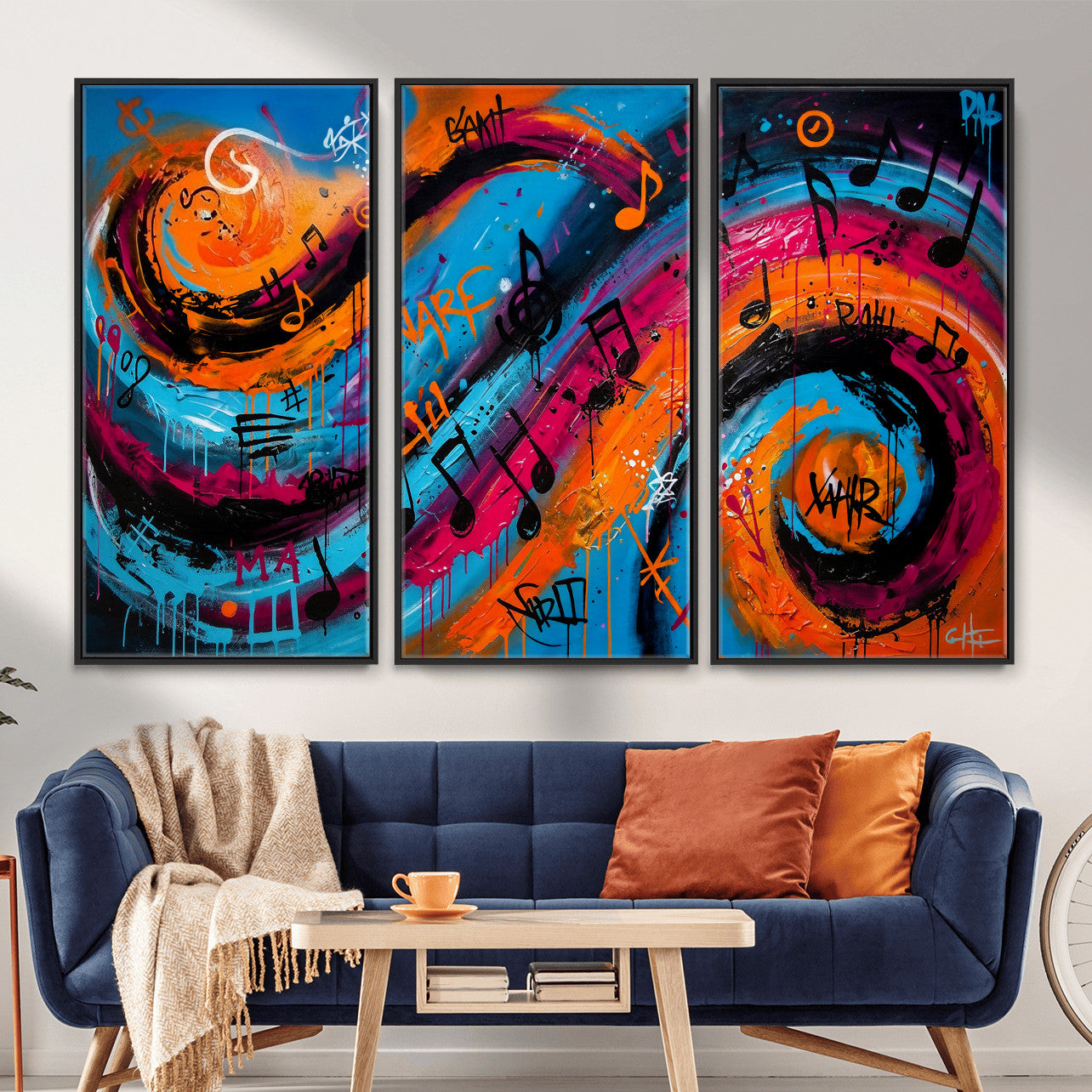 34936518-MGV-CV-36X24 - Geometric Abstract Wall Art Canvas Print, Orange Blue Abstract Expressionist Painting Print, Modern Geometric Abstract Canvas Art