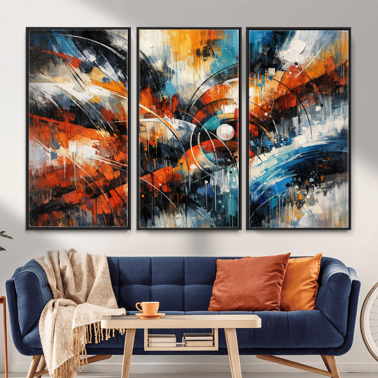 47120691-MGV-CV-36X24 - Geometric Abstract Wall Art Canvas Print, Orange Blue Abstract Expressionist Painting Print, Modern Geometric Abstract Canvas Art