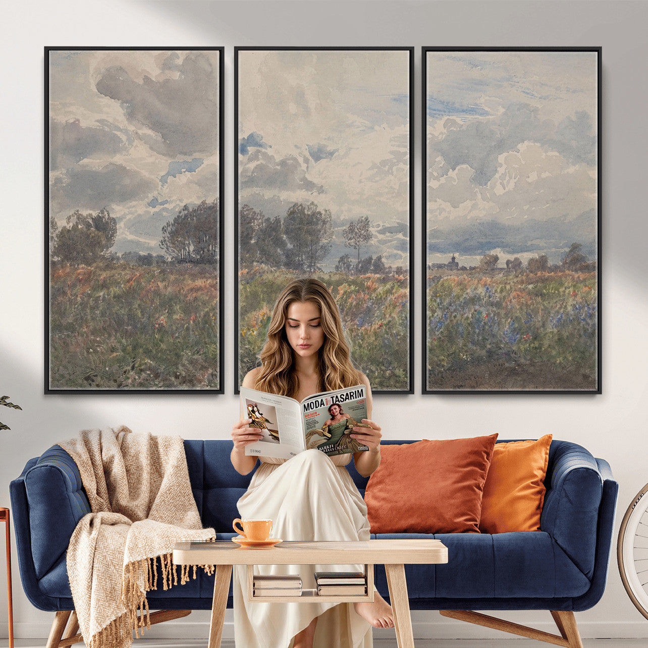 76626885-MGV-CV-36X24 - Vintage Watercolor Meadow Canvas Wall Art — English Pastoral Wildflower Storm Sky Print | Cottagecore Nature Decor | Classic Landscape Gift