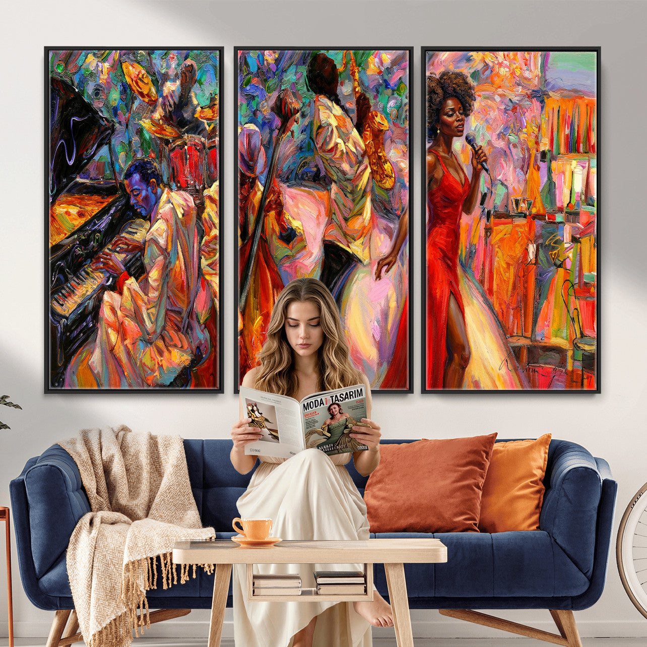 72615137-MGV-CV-36X24 - African American Jazz Singer Canvas Art - Red Dress Black Woman Music Print | Colorful Jazz Band Wall Decor | Living Room Gift for Her