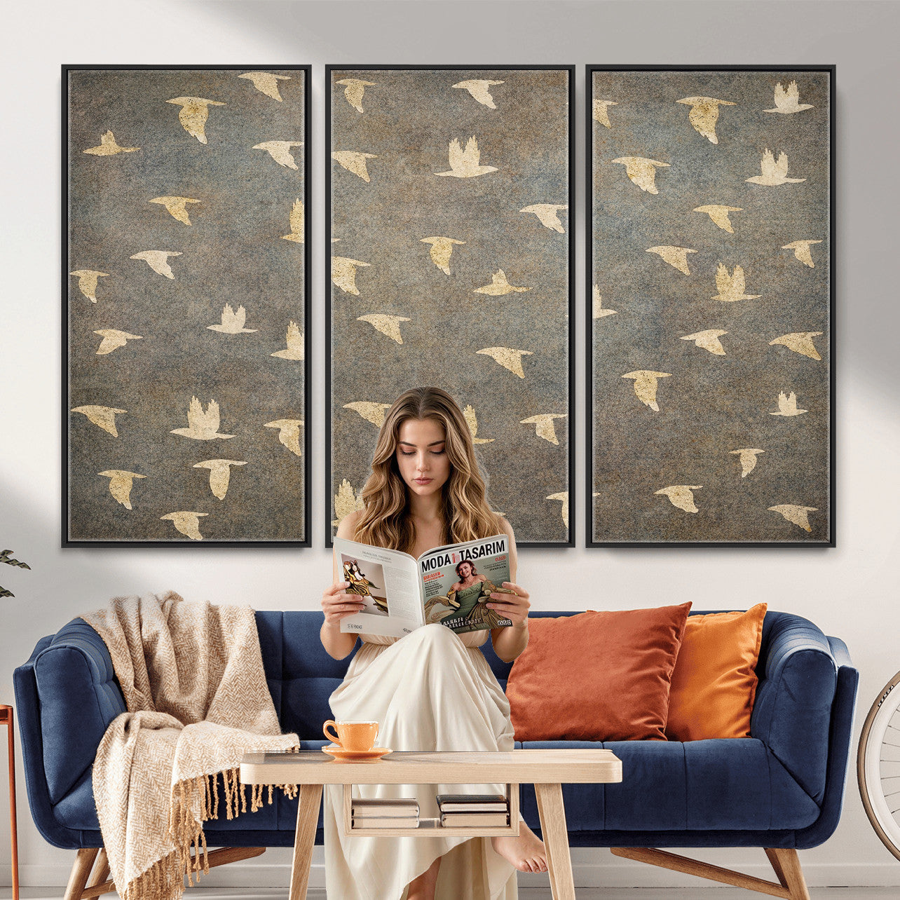 74076164-MGV-CV-36X24 - Flying Birds Canvas Wall Art, Vintage Bird Flock Pattern Print, Grey Gold Abstract Nature Decor, Rustic Bird Silhouette Art, Boho Living Room Decor