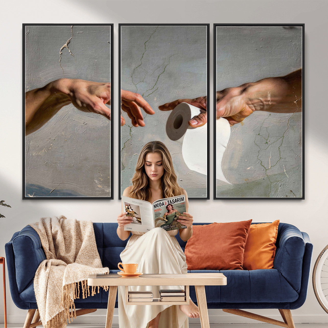 72030048-MGV-CV-36X24 - Funny Bathroom Wall Art Canvas, Creation of Toilet Paper Parody Print, Renaissance Humor Decor, Toilet Room Art, Quirky Housewarming Gift, Classic Art Spoof