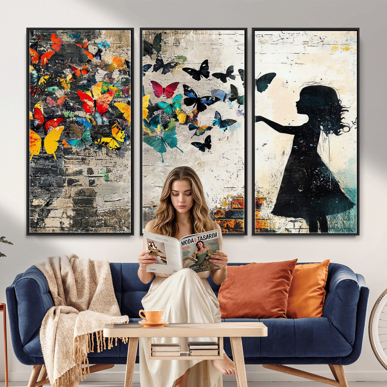 33909022-MGV-CV-36X24 - Banksy Butterfly Girl Wall Art Canvas Print, Framed Street Art Silhouette Graffiti Artwork, Colorful Butterfly Wall Decor for Living Room Bedroom Office