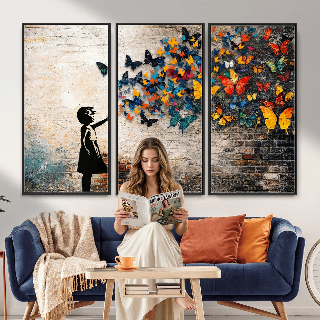 78760384-MGV-CV-36X24 - Banksy Graffiti Butterfly Girl Wall Art Canvas Print, Framed Street Art Canvas Print, Silhouette Butterfly Wall Art for Living Room Bedroom Office