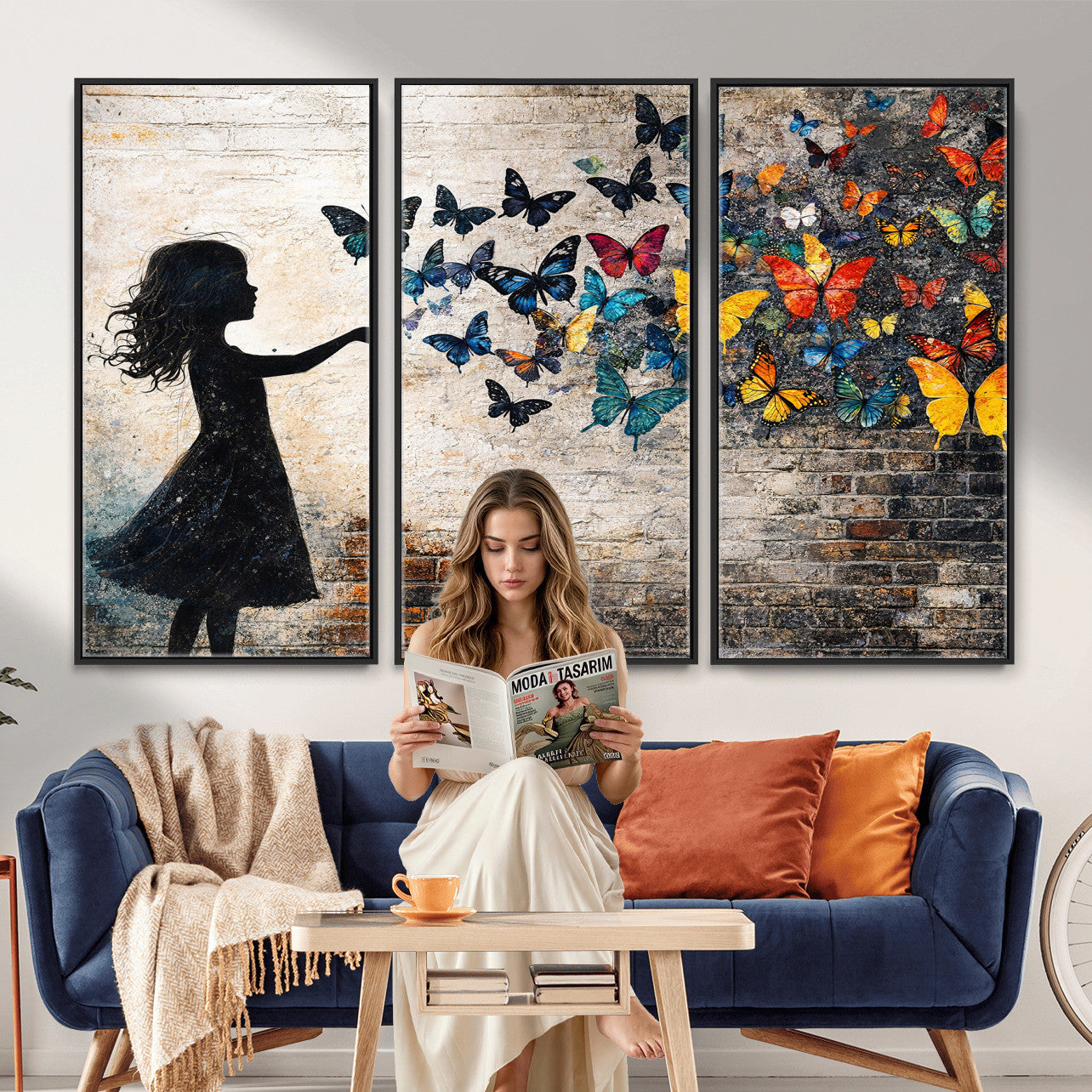 70522594-MGV-CV-36X24 - Banksy Butterfly Girl Wall Art Canvas Print, Framed Street Art Canvas Print, Graffiti Silhouette Butterfly Wall Art for Living Room Bedroom Office