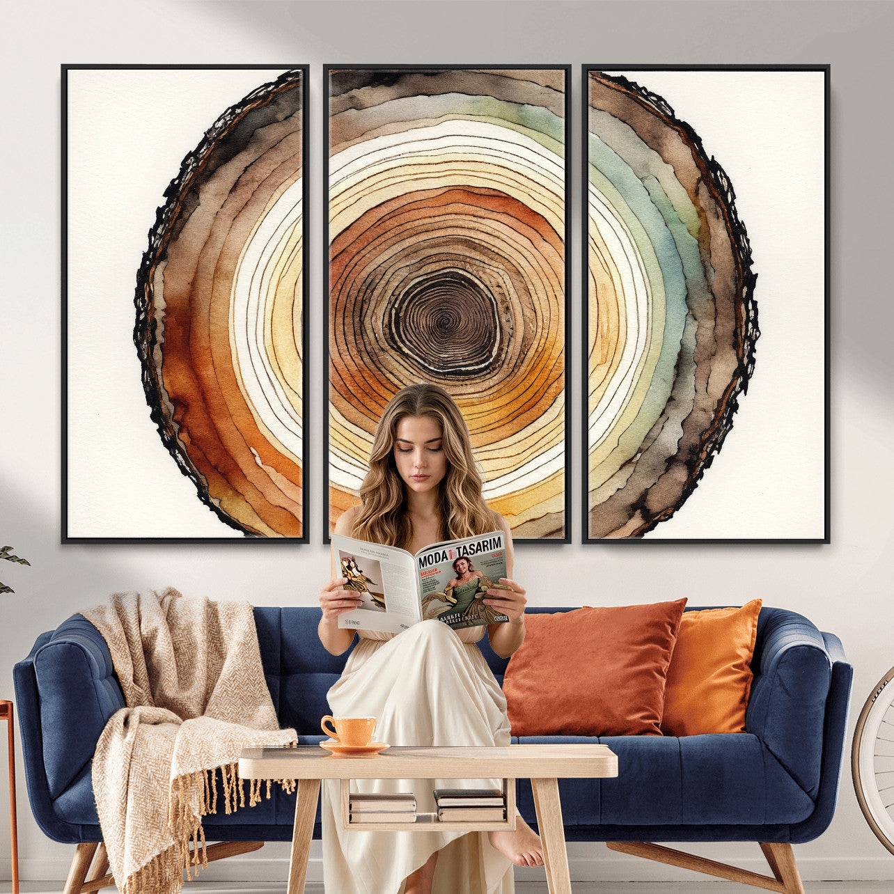 13719680-MGV-CV-36X24 - Natural Wood Slice Wall Art Canvas Print, Tree Ring Wall Art, Framed Abstract Nature Wall Decor, Earth Tone Statement Canvas Print